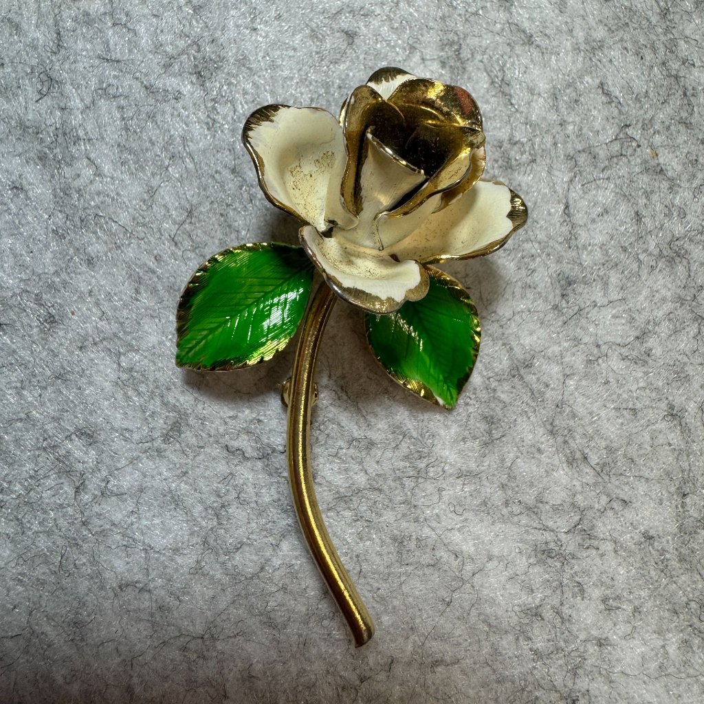 Vintage Gold-Tone Enamel Rose Flower Brooch Pin With Green Leaves